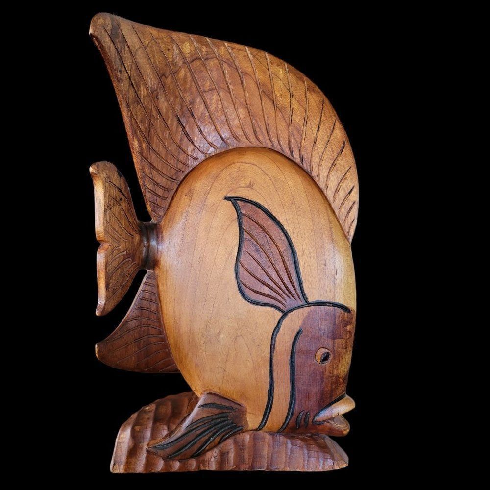 Vintage Large Hand Carved Wooden Fish Sculpture